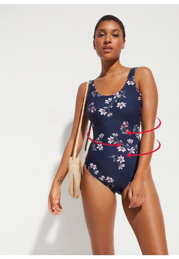 bonprix - Kostium kąpielowy shape, lekki stopień modelowania sylwetki. Kolor: niebieski. Materiał: poliamid. Wzór: kwiaty, nadruk