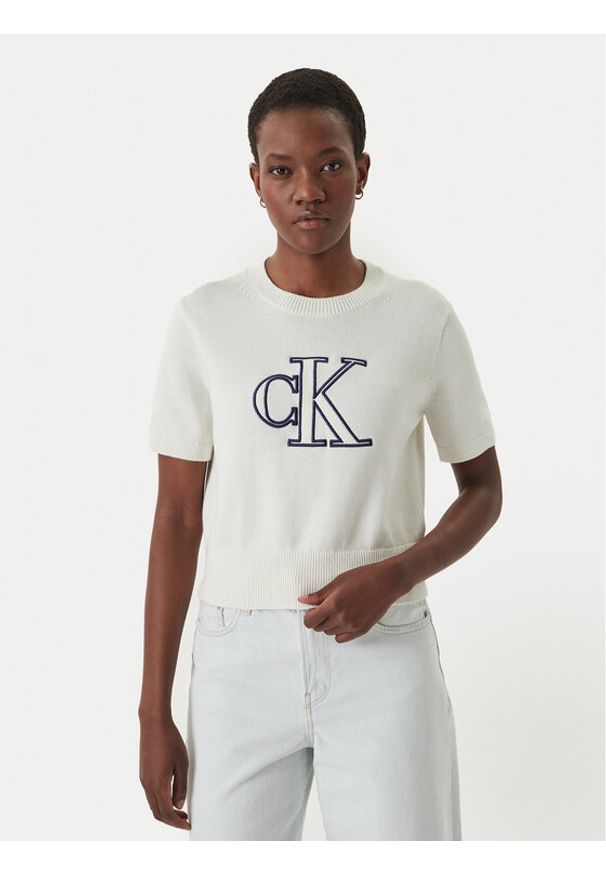 Calvin Klein Jeans Sweter LV047F356G Écru Regular Fit. Kolor: kremowy. Materiał: bawełna