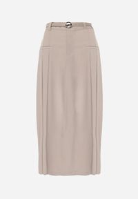 Renee - Beżowa Rozkloszowana Spódnica z Wiskozy Zdobiona Plisami i Paskiem Durklea. Okazja: na co dzień. Kolor: beżowy. Materiał: wiskoza. Wzór: aplikacja. Styl: casual, elegancki #2