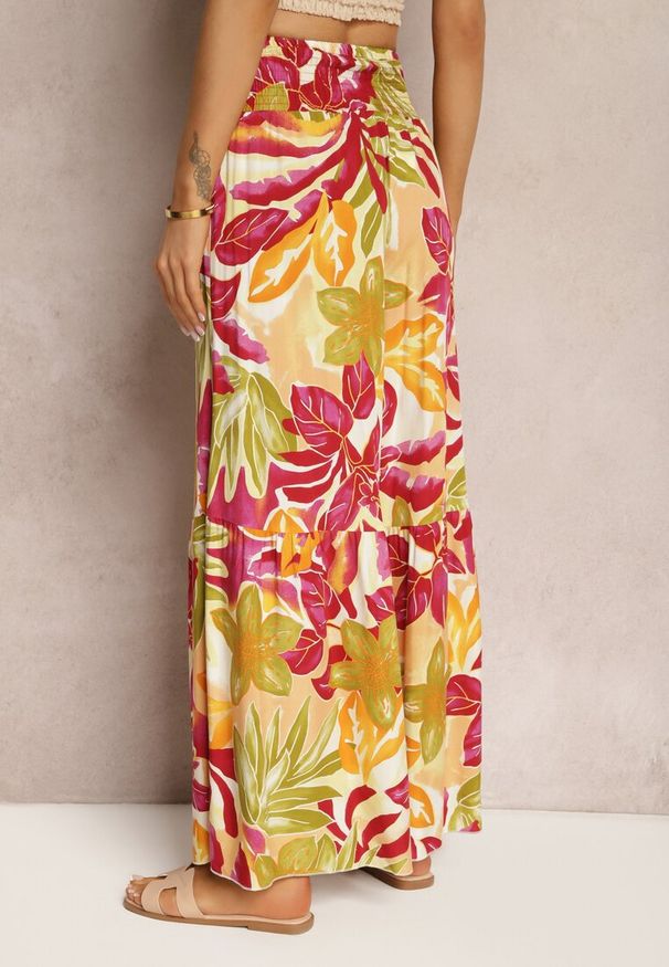 Renee - Żółto-Różowe Spodnie High Waist z Wiskozy Typu Palazzo z Gumkami w Talii Haestria. Okazja: na co dzień. Stan: podwyższony. Kolor: żółty. Materiał: wiskoza. Wzór: aplikacja. Sezon: lato. Styl: casual