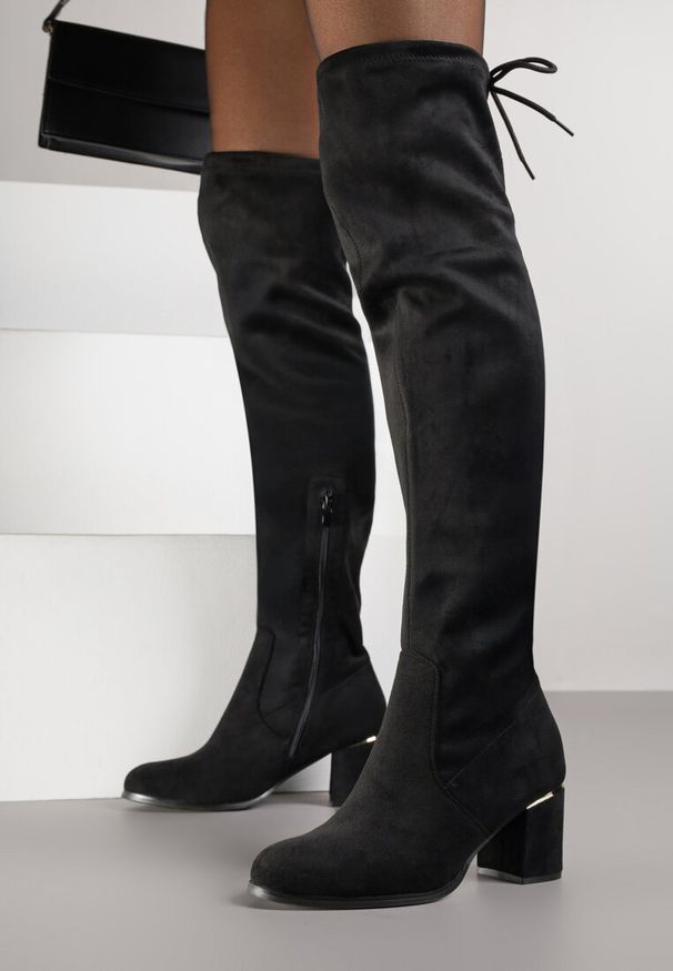 Born2be - Czarne Kozaki za Kolano na Słupku z Wiązaniem z Tyłu Idinea. Okazja: na spotkanie biznesowe, do pracy, na co dzień. Wysokość cholewki: za kolano. Kolor: czarny. Materiał: jeans. Obcas: na słupku. Styl: elegancki, casual, klasyczny, biznesowy. Wysokość obcasa: średni