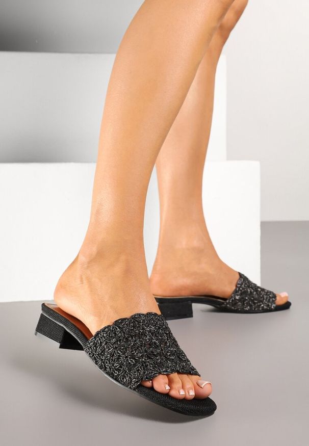 Renee - Czarne Klapki na Niskim Słupku z Plecionką Galiona. Okazja: na co dzień. Kolor: czarny. Materiał: jeans. Wzór: aplikacja. Obcas: na słupku. Styl: elegancki, casual. Wysokość obcasa: średni