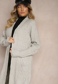 Renee - Szary Kardigan Nierozpinany o Długim Kroju Ozdobiony Tłoczeniem Vailithe. Okazja: na co dzień, na spacer. Kolor: szary. Materiał: jeans. Długość: długie. Wzór: aplikacja. Styl: elegancki, casual #4
