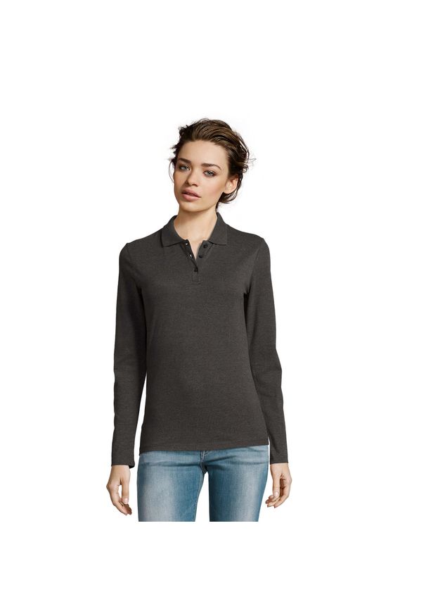 SOL'S - Damska Koszulka Polo Z Długim Rękawem Perfect Pique. Typ kołnierza: polo. Kolor: szary, wielokolorowy, brązowy. Długość rękawa: długi rękaw. Długość: długie