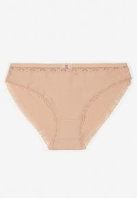 Renee - Beżowe Majtki Figi z Bawełny Ozdobione Kokardą i Koronką Zeterie. Kolor: beżowy. Materiał: koronka, bawełna. Wzór: koronka, aplikacja #1