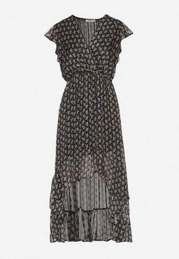 Born2be - Czarna Rozkloszowana Sukienka z Kopertowym Dekoltem z Gumką w Pasie i Falbanką Tiamala. Okazja: na spotkanie biznesowe. Kolor: czarny. Typ sukienki: kopertowe. Styl: biznesowy