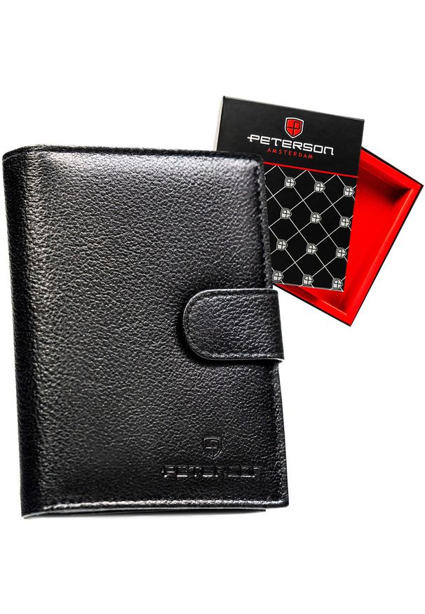 Czarny portfel męski ze skóry naturalnej zamykany zatrzaskiem i wyposażony w system RFID - Peterson. Kolor: czarny. Materiał: skóra