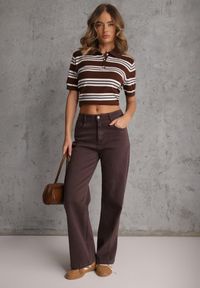 Renee - Brązowy T-shirt Polo z Wiskozą w Paski z Guzikami Vevevia. Okazja: na co dzień. Typ kołnierza: polo. Kolor: brązowy. Materiał: wiskoza. Wzór: paski. Styl: casual, sportowy #4