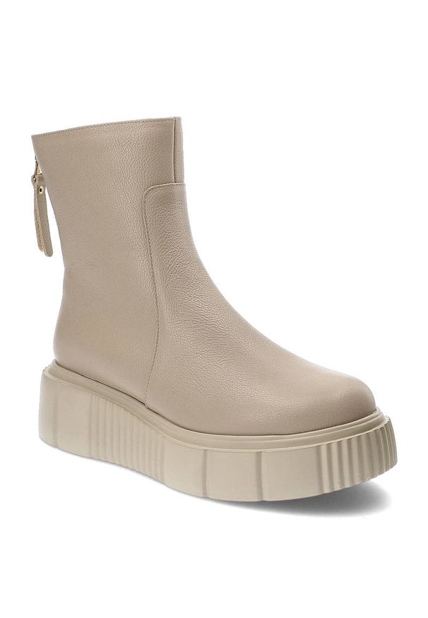 Beżowe Botki Lemar Skórzane Ocieplane Buty Damskie. Kolor: beżowy. Materiał: skóra. Szerokość cholewki: normalna. Wzór: aplikacja. Sezon: jesień, wiosna. Styl: elegancki