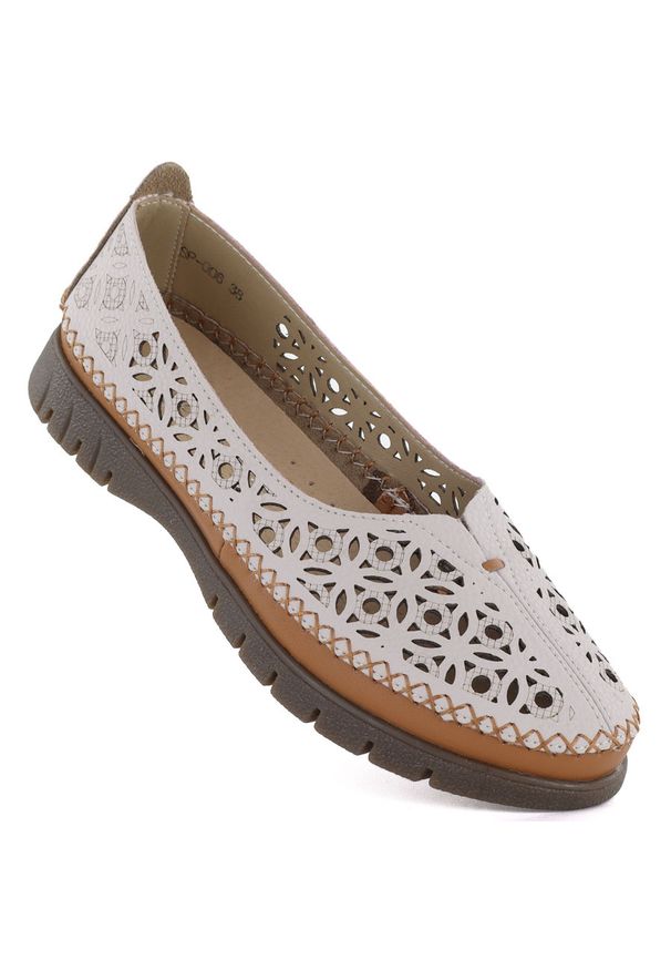 Skórzane półbuty damskie ażurowe szare Sergio Leone SP006. Kolor: szary. Materiał: skóra. Szerokość cholewki: normalna. Wzór: ażurowy