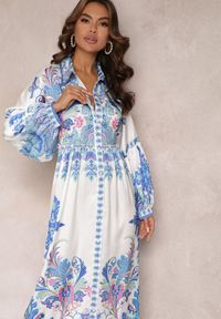 Renee - Biało-Niebieska Koszulowa Sukienka Maxi Oversize w Kwiatowy Wzór Amirsa. Kolor: biały. Wzór: kwiaty. Typ sukienki: koszulowe, oversize. Długość: maxi #4