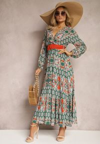 Renee - Zielona Sukienka Rozkloszowana z Paskiem Shara. Okazja: na plażę, na spacer. Kolor: zielony. Materiał: materiał, tkanina. Typ sukienki: kopertowe. Styl: boho. Długość: maxi #6