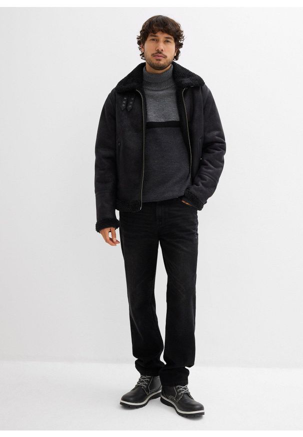 bonprix - Sweter z golfem, z blokami kolorów. Typ kołnierza: golf. Kolor: szary. Wzór: haft, kolorowy