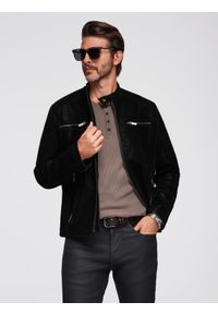 Ombre Clothing - Kurtka męska biker ze stójką w stylu retro – czarna V2 - Rozmiar: XXL. Typ kołnierza: kołnierzyk stójkowy. Kolor: czarny. Materiał: materiał, poliester, skóra. Styl: retro