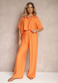 Renee - Pomarańczowy 2-Częściowy Komplet z Wiskozy Koszula o Luźnym Kroju Szerokie Spodnie Velvitela. Kolor: pomarańczowy. Materiał: wiskoza. Wzór: bez wzorów #2