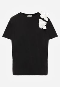 Born2be - Czarno-Biały Klasyczny T-shirt z Bawełny Zdobiony Aplikacją 3D w Kształcie Kwiatów Noebel. Okazja: na co dzień. Kolor: czarny. Materiał: bawełna. Wzór: aplikacja, kwiaty. Styl: klasyczny #7