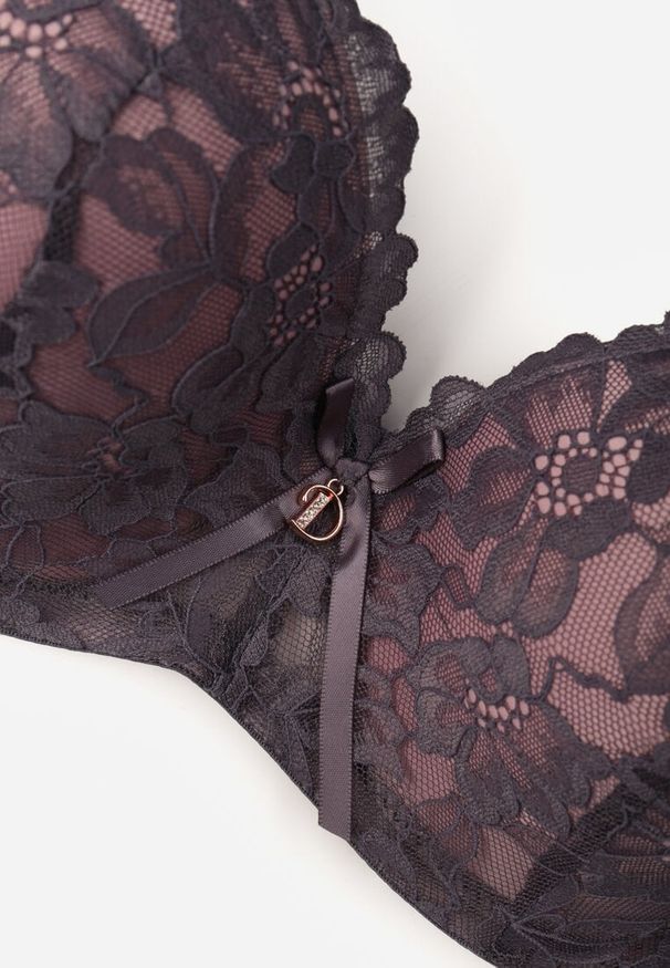 Renee - Szaro-Różowy Biustonosz Ozdobiony Koronką i Kokardką Aqiany. Kolor: szary. Materiał: koronka. Wzór: aplikacja, koronka