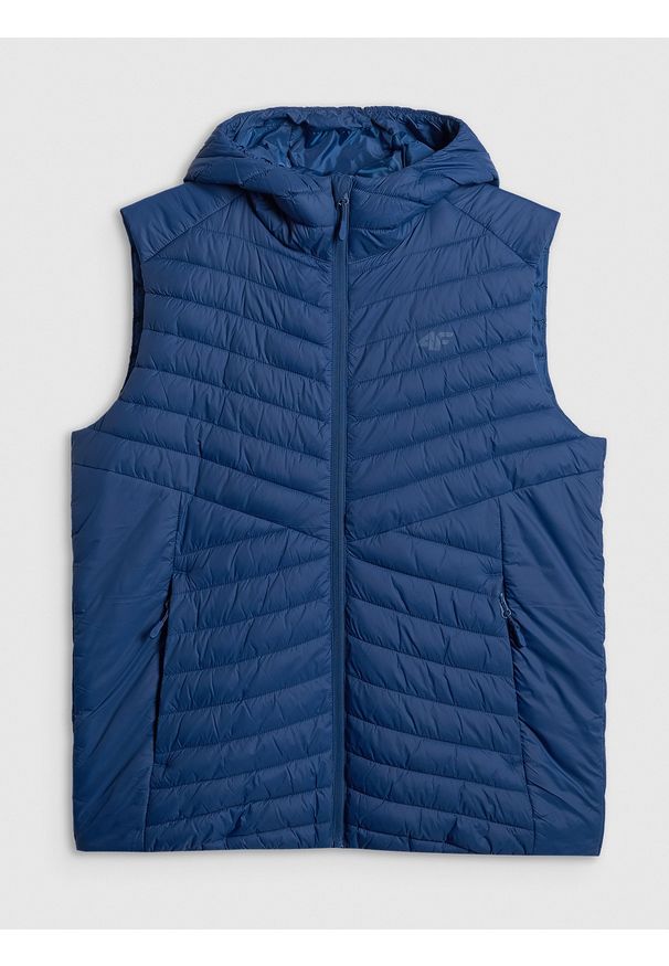 4f - 4F Bezrękawnik z wypełnieniem syntetycznym męski - granatowy XL. Typ kołnierza: kaptur. Kolor: niebieski. Materiał: syntetyk. Długość rękawa: bez rękawów. Wzór: jodełka