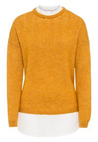 Sweter ażurowy z koszulową wstawką bonprix ciemnożółty. Kolor: żółty. Wzór: ażurowy #1