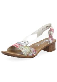 Komfortowe sandały damskie wsuwane w kwiaty multikolor Rieker 62662-90 białe. Zapięcie: bez zapięcia. Kolor: biały. Wzór: kwiaty