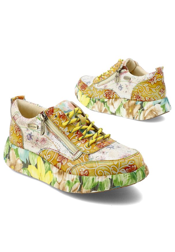 Żółte Sneakersy Laura Vita Modne Obuwie Damskie Edycja Limitowana. Okazja: na co dzień. Zapięcie: sznurówki. Kolor: żółty. Szerokość cholewki: normalna. Wzór: nadruk, aplikacja, kolorowy, kwiaty. Styl: casual