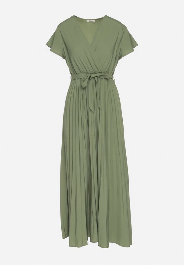 Born2be - Ciemnozielona Elegancka Sukienka Maxi w Plisy z Kopertowym Dekoltem i Wiązaniem Thessi. Kolor: zielony. Sezon: lato. Typ sukienki: kopertowe. Styl: elegancki. Długość: maxi
