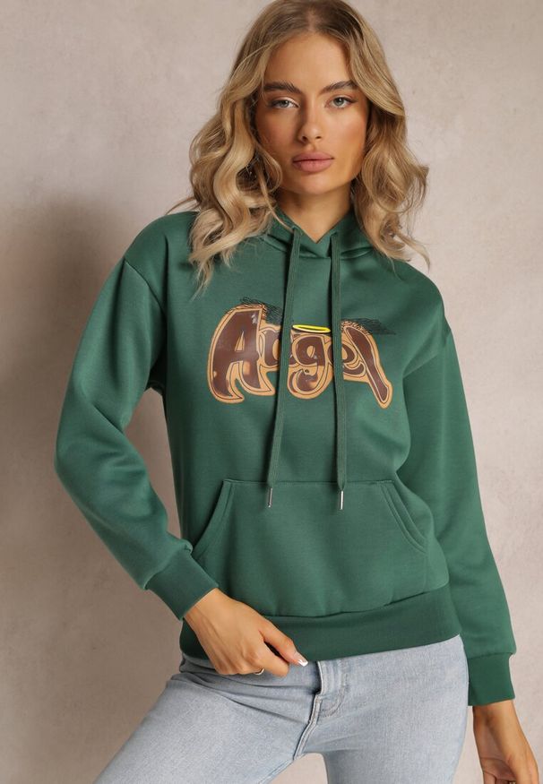 Renee - Ciemnozielona Ocieplona Bluza Kangurka z Nadrukiem Pralle. Okazja: na co dzień. Typ kołnierza: kaptur. Kolor: zielony. Wzór: nadruk. Styl: casual