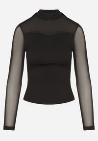 Born2be - Czarna Bluzka z Golfem Vices Ozdobiona Transparentnymi Wstawkami Hatalie. Okazja: na co dzień. Typ kołnierza: golf. Kolor: czarny. Materiał: jeans. Długość rękawa: długi rękaw. Długość: długie. Wzór: aplikacja. Styl: klasyczny, casual #5