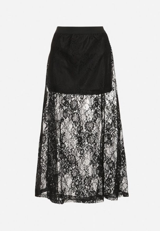 Born2be - Czarna Rozkloszowana Spódnica z Koronki Zdobiona Rozcięciem Zariska. Okazja: na imprezę. Kolor: czarny. Materiał: koronka. Wzór: aplikacja, koronka. Styl: elegancki