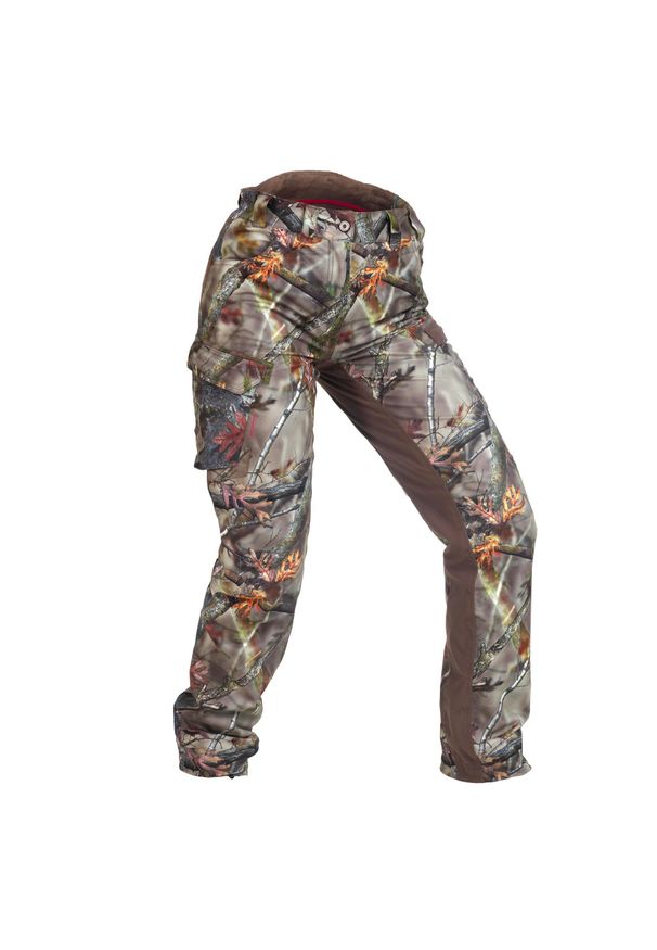 SOLOGNAC - Spodnie myśliwskie damskie Solognac Warm 500 wodoodporne camo. Kolor: brązowy. Materiał: skóra, materiał, tkanina