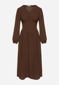 Born2be - Brązowa Sukienka z Wiskozą o Kroju z Gorsetową Talią i Bufiastymi Rękawami Aniste. Okazja: na co dzień. Typ kołnierza: dekolt gorset. Kolor: brązowy. Materiał: wiskoza. Typ sukienki: gorsetowe. Styl: wizytowy, casual, elegancki, sportowy #4