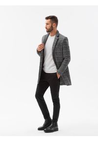 Ombre Clothing - Jednorzędowy płaszcz męski w kratę - czarny V2 C499 - XXL. Kolor: czarny. Materiał: poliester, akryl #4