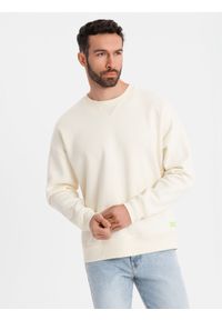 Ombre Clothing - Klasyczna bluza dresowa unisex z okrągłym dekoltem – kremowa V2 OU-SNBC-0104 - XL/XXL. Kolor: kremowy. Materiał: dresówka. Wzór: aplikacja. Styl: klasyczny