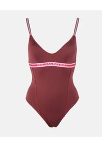 Stella McCartney - STELLA MCCARTNEY - Bordowy strój kąpielowy Logo Tape. Kolor: czerwony. Materiał: tkanina. Wzór: paski #1