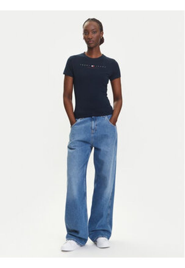 Tommy Jeans T-Shirt Linear DW0DW21422 Granatowy Slim Fit. Kolor: niebieski. Materiał: bawełna