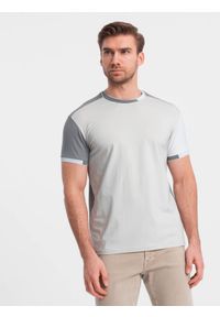 Ombre Clothing - T-shirt męski z elastanem z kolorowymi rękawami - szary V4 - Rozmiar: L. Okazja: na co dzień. Kolor: szary. Materiał: elastan. Wzór: kolorowy. Styl: klasyczny, casual