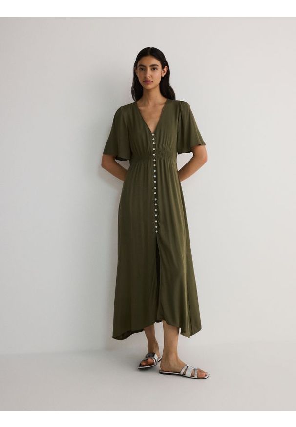 Reserved - Sukienka z wiskozy - oliwkowy. Kolor: oliwkowy. Materiał: wiskoza. Typ sukienki: proste