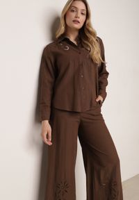 Born2be - Brązowy Rustykalny Komplet z Bawełną z Ażurowym Wzorem Spodnie i Koszula Anael. Kolor: brązowy. Materiał: bawełna. Wzór: ażurowy #7