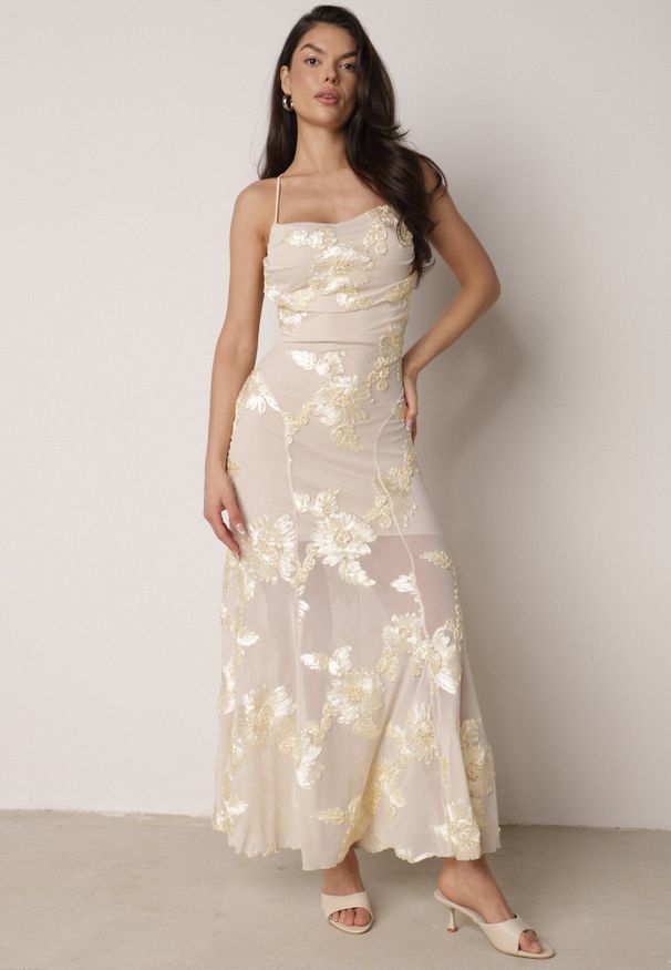 Born2be - Beżowa Koktajlowa Sukienka Siateczkowa z Odkrytymi Plecami z Wiązaniem Cezelle. Kolor: beżowy. Materiał: materiał. Wzór: aplikacja, kwiaty. Styl: wizytowy