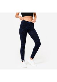DOMYOS - Legginsy fitness damskie Domyos. Kolor: niebieski. Materiał: materiał, elastan, bawełna. Długość: długie. Sport: fitness