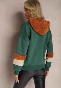 Renee - Zielona Bawełniana Bluza z Kapturem i Wstawkami z Polaru Qilin. Typ kołnierza: kaptur. Kolor: zielony. Materiał: polar, bawełna. Wzór: aplikacja #4