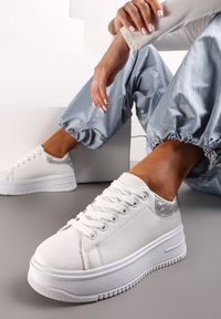Renee - Biało-Srebrne Sneakersy na Platformie przed Kostkę Ocania. Wysokość cholewki: przed kostkę. Kolor: biały. Obcas: na platformie #1