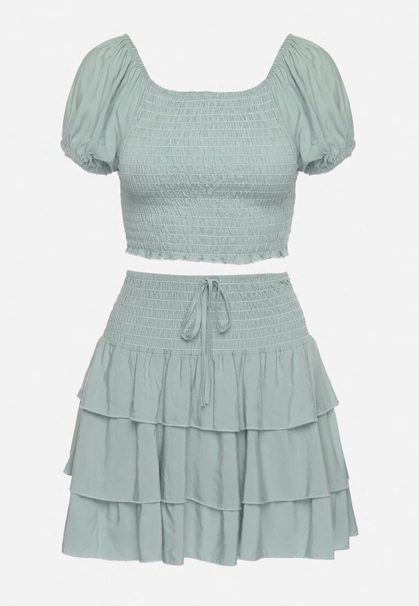 Born2be - Miętowy Komplet Bawełniany Bluzka Hiszpanka i Spódnica z Falbankami Vexa. Kolor: miętowy. Materiał: bawełna. Wzór: aplikacja