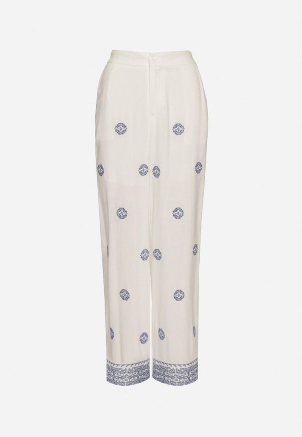 Born2be - Białe Szerokie Spodnie z Lnem Wiskozą i Wysokim Stanem Ozdobione Haftem Borilna. Okazja: na co dzień. Stan: podwyższony. Kolor: biały. Materiał: wiskoza, len. Wzór: haft, aplikacja. Styl: casual, klasyczny, elegancki