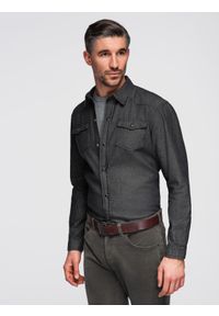 Ombre Clothing - Koszula męska jeansowa na zatrzaski z kieszonkami - czarna V3 - Rozmiar: XXL. Okazja: na co dzień, do pracy. Typ kołnierza: kołnierzyk klasyczny. Kolor: czarny. Materiał: jeans. Długość rękawa: długi rękaw. Długość: długie. Wzór: gładki. Styl: casual, klasyczny