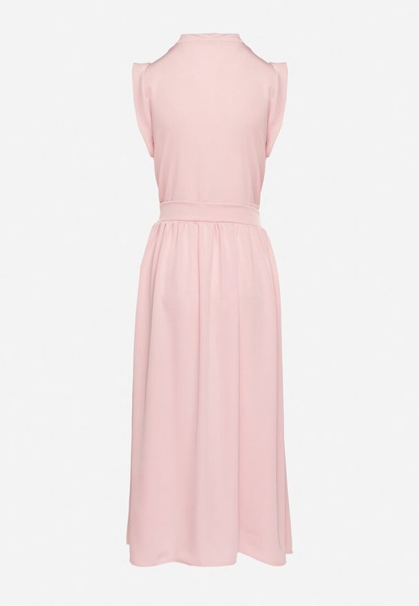 Born2be - Różowa Sukienka Koszulowa o Rozkloszowanym Kroju z Wiązaniem w Pasie Mavirielle. Okazja: na co dzień. Typ kołnierza: dekolt w serek. Kolor: różowy. Materiał: skóra. Długość rękawa: długi rękaw. Typ sukienki: koszulowe. Styl: casual, elegancki