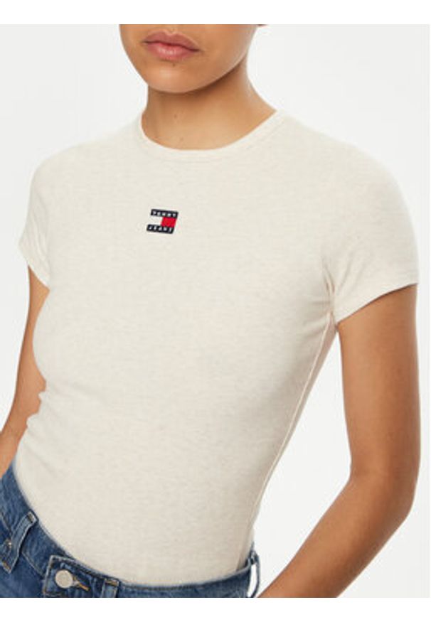 Tommy Jeans T-Shirt DW0DW20463 Beżowy Slim Fit. Kolor: beżowy. Materiał: bawełna