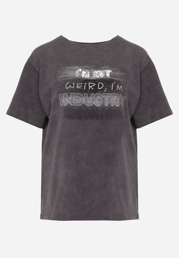 Born2be - Ciemnoszary T-shirt z Bawełny o Kroju Oversize z Napisem Orinvyra. Okazja: na co dzień, na spotkanie biznesowe, do pracy. Kolor: szary. Materiał: bawełna. Wzór: napisy. Styl: biznesowy, casual, elegancki