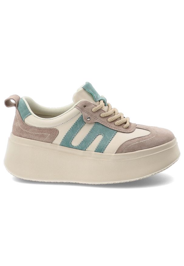 Sneakersy damskie Filippo, cholewka ze skóry naturalnej zamszowej z kontrastowymi panelami klasyczne sznurowanie masywna platformowa podeszwa, beżowe. Okazja: na co dzień. Zapięcie: sznurówki. Kolor: beżowy. Materiał: skóra, zamsz. Szerokość cholewki: normalna