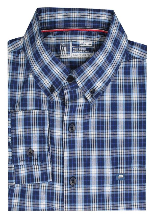 Pako Jeans - Koszula Casualowa, Granatowa w Kratkę z Kiszonką, Bawełniana, Długi Rękaw -PAKO JEANS. Okazja: na co dzień. Kolor: niebieski. Materiał: bawełna. Długość rękawa: długi rękaw. Długość: długie. Wzór: kratka. Styl: casual
